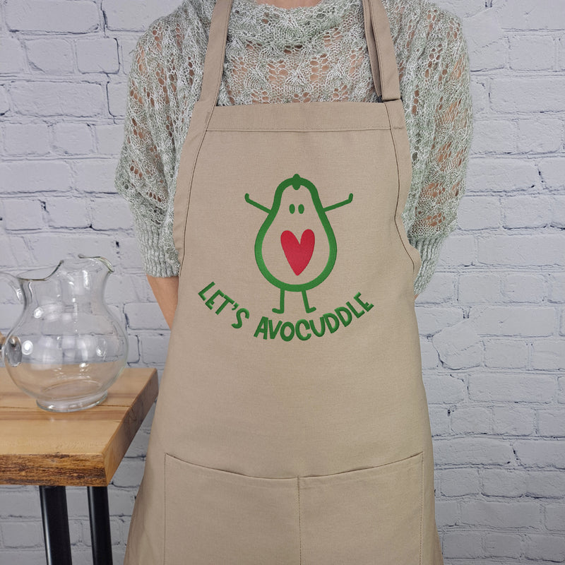 Avocado humor apron Lets avocuddle pink and royal embroidered kitchen apron