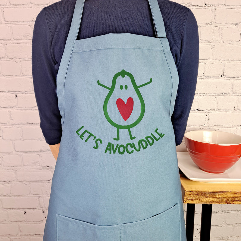 Avocado humor apron Lets avocuddle pink and royal embroidered apron