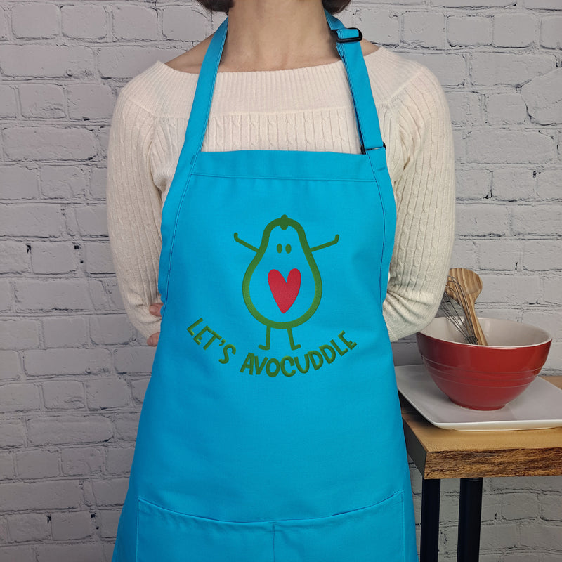 Avocado humor apron Lets avocuddle pink and royal embroidered apron