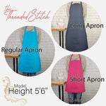 Apron size comparison chart featuring long, regular, and short apron styles on a 5'6" model, with three side-by-side images in different colors from The Threaded Stitch.