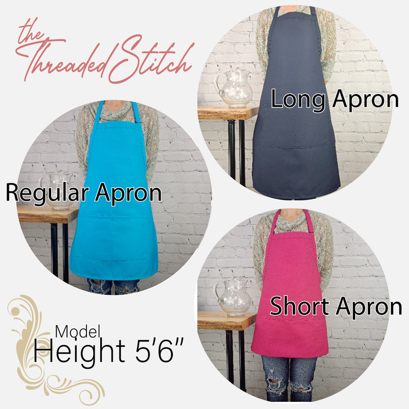 Apron size comparison chart featuring long, regular, and short apron styles on a 5'6" model, with three side-by-side images in different colors from The Threaded Stitch.